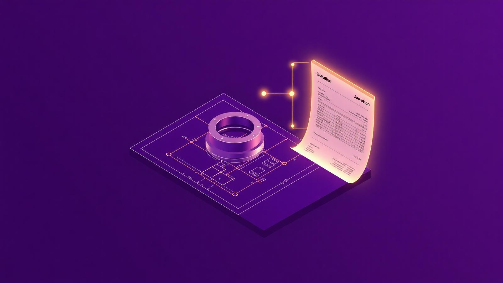 Ilustração isométrica em roxo e dourado de um desenho técnico CAD gerando uma proposta automatizada