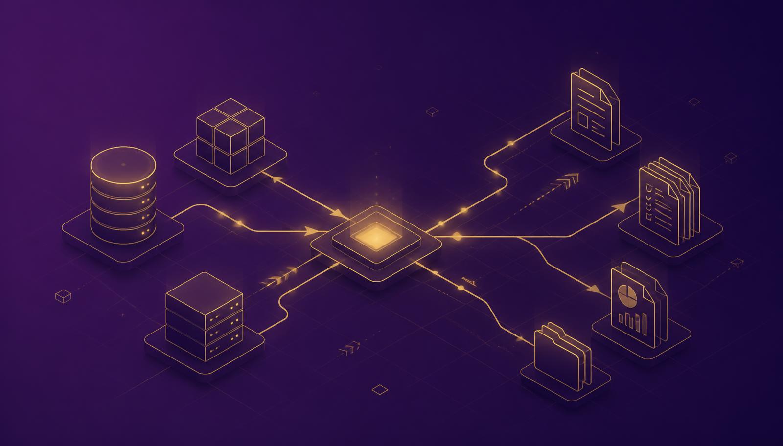 Ilustração isométrica em roxo e dourado de um ERP conectado a documentos e relatórios automatizados